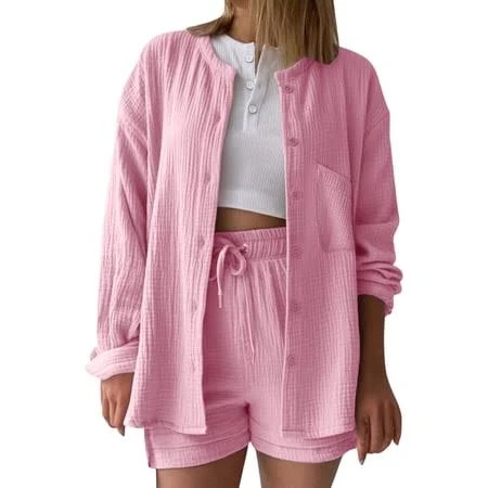 matching set Hurxie 2 Piece Linen Set for Women Oversized Wrinkle Long Sleeve Button Down Shirts and Drawstring Shorts Beach Outfit Sets Pink,S, Women's, Size: Walmart - ShiKeXi $21.7
