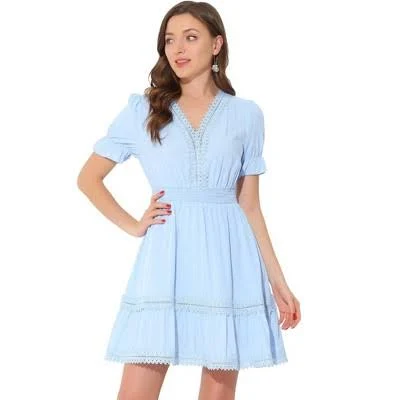 dress Inspire Chic Women's V Neck Smocked Elastic Waist Crochet Trim Mini Dress Target $44.99