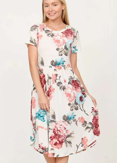 dress Ivory Pink Mint Floral Short Sleeve Midi Dress_S éloges $36.99