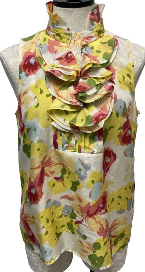 top J. Crew 100% Silk Sleeveless Watercolor Floral Ruffled Collar Top eBay - room-2-room $25.99