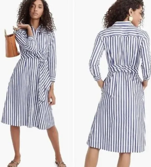 dress J.crew Cotton Poplin Shirt Dress Tie Waist Blue White Stripes Size 00 eBay $34.99