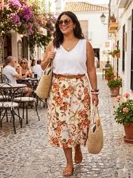 skirt Joie XL Linen Floral Print Elastic Waist A-Line Midi Skirt White Orange Green eBay $26