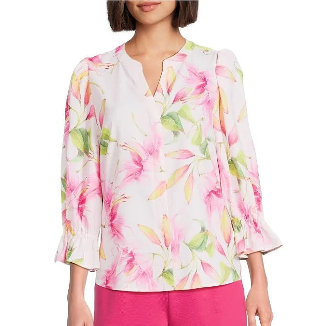 top Julie Floral Print 34 Sleeve Y-Neck Button Down Blouse Dillard's $59