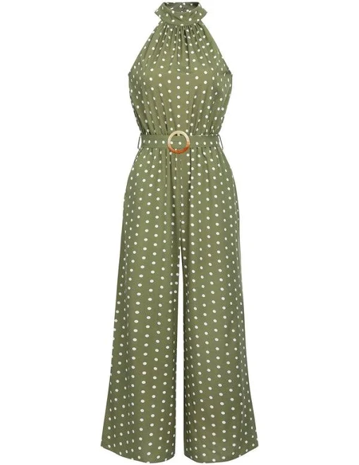 polka dots outfits Jumpsuit Polka Dot Halter Belt Wide Leg Retro Stage $31.99