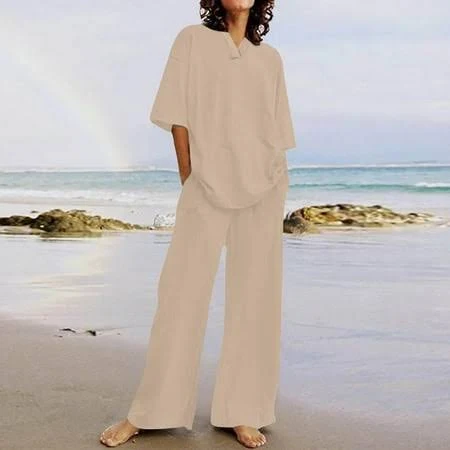 matching set Juranmo Casual Sets for Women 2 Piece V Neck Short Sleeve Tops and Pants Cotton Linen Set Summer Outfits with Pockets Walmart - ZhaoChengZhong $34.99