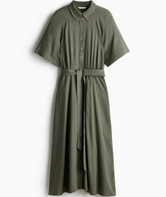 dress Ladies - Dark Khaki Green Tie-belt Shirt Dress - Size: XXS - H&M H&M $29.99
