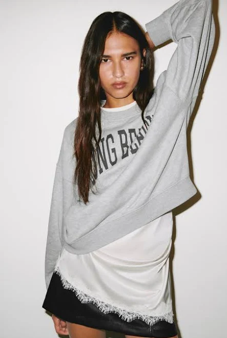 top Ladies H&M Grey Marl/Long Beach Print-motif sweatshirt H&M $19.99