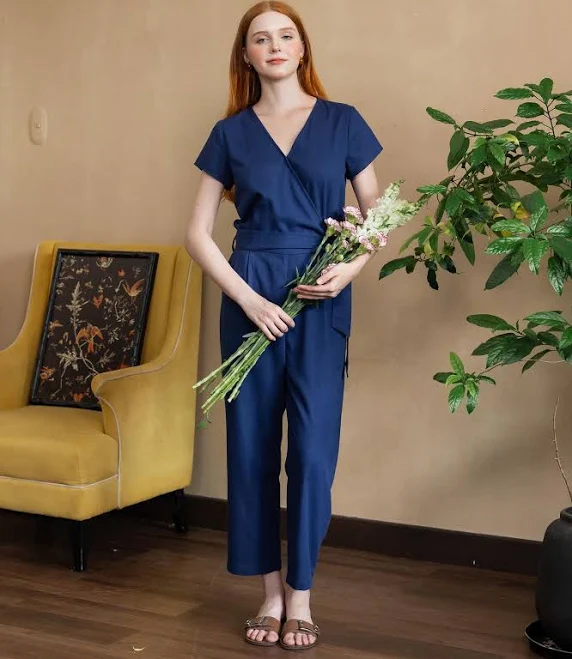 romper Linen Blend Short Sleeve Belted Wrap Jumpsuit Etsy - Seller $55