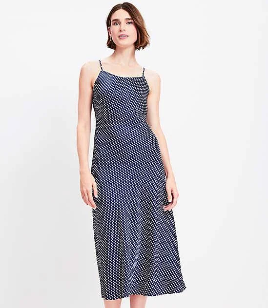 polka dots outfits Loft Women's Dotted Satin Strappy Bias Midi Dress LOFT $44.98