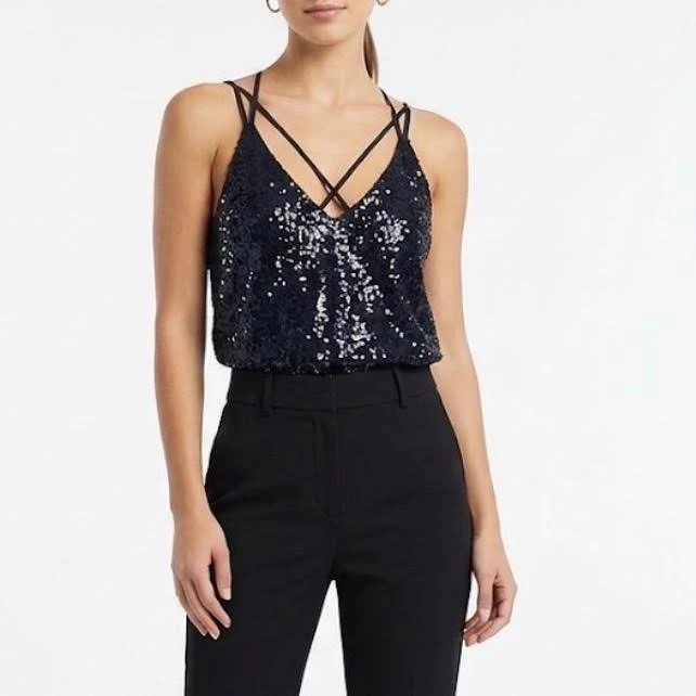 top Lost + Wander Navy Sequin Strappy Cami Top V-neck Sleeveless Party eBay $20