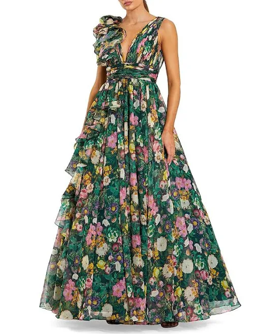 dress Mac Duggal Sleeveless V-Neck Floral Chiffon A-Line Dress with Ruffles Saks Fifth Avenue $308.76