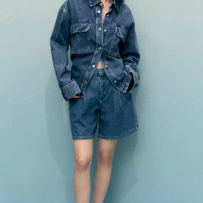 bottom MANGO Women's Mid-Rise Pleated Denim Bermuda Shorts shop.mango.com $29.99