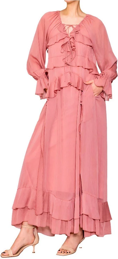 dress Melloday Ruffle Chiffon Tie V-Neck Long Sleeve Tiered Maxi Dress Dillard's $79.73