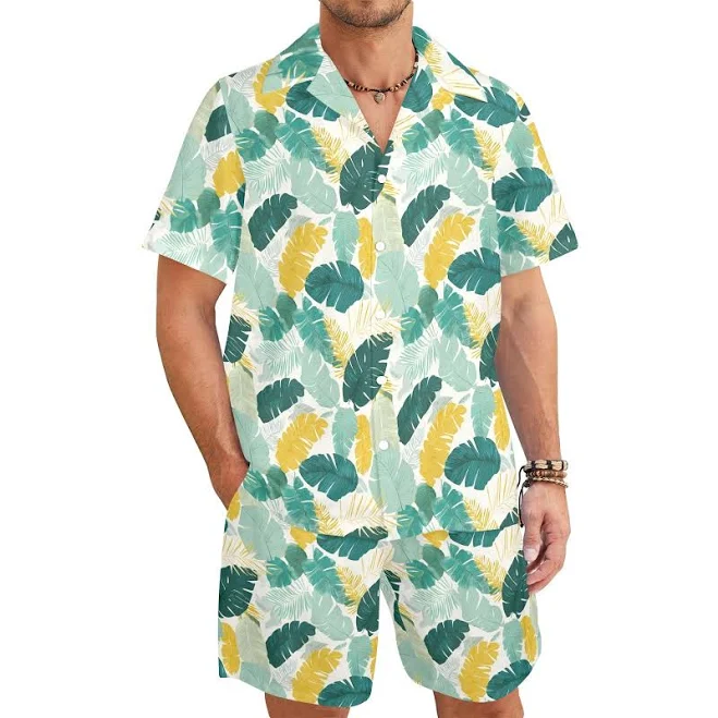 matching set Men's Tropical Leaf Shirt Shorts Outfit Set Starcove $54.98