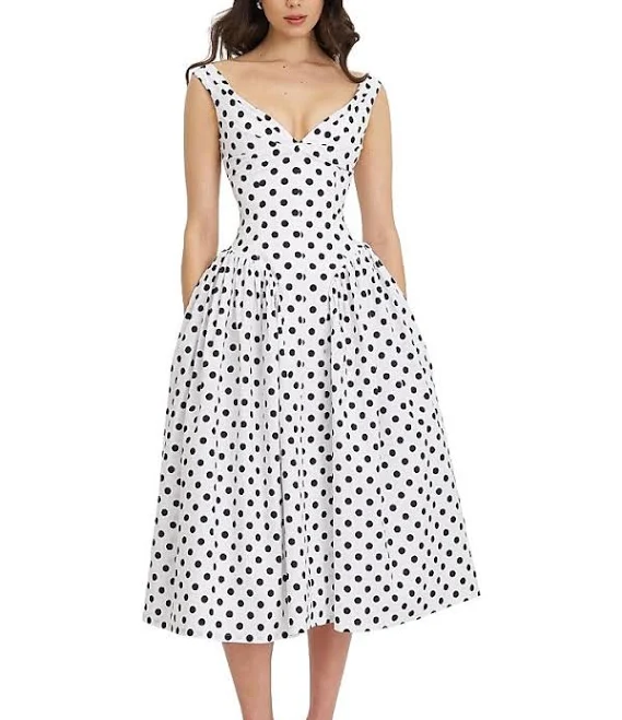 polka dots outfits Miss Circle Women's Rahma Polka Dot Drop Waist Midi Cotton Poplin Dress Editorialist $248