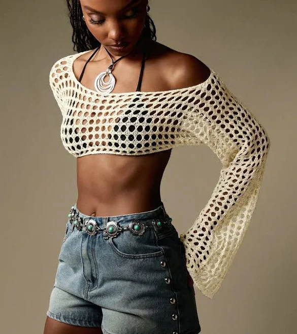 off-shoulder top Missguided Women's Off Shoulder Crochet Fishnet Knit Sweater missguided $9.02