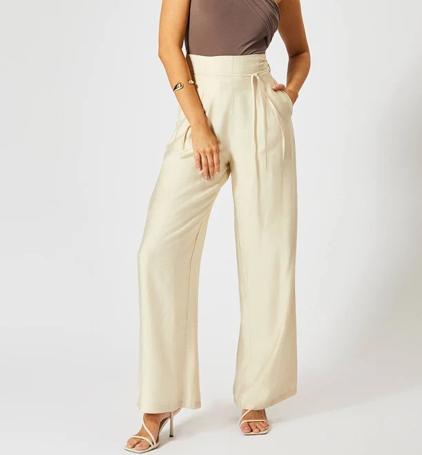 pants Misspap Women's Linen Look Wide Leg Paper Bag Waist Trousers boohoo USA $44.8
