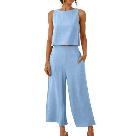 matching set Moxiu Linen Sets for Women Summer Pants Casual Outfit Tank Wide Leg Pants Sets Matching Plus Walmart - Moxiu Fashion House $25.99