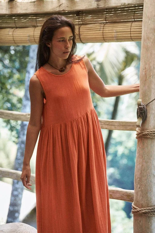 dress Nadi Dress Terracotta Boho Relaxed Fit Gauze Cotton Daughters of India $179