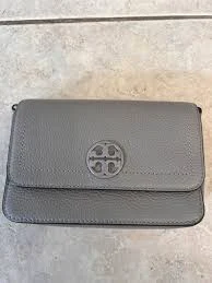 bag NEW Tory Burch Gray Pebbled Leather Shoulder Bag Silver Chain Strap Logo Flap eBay $169