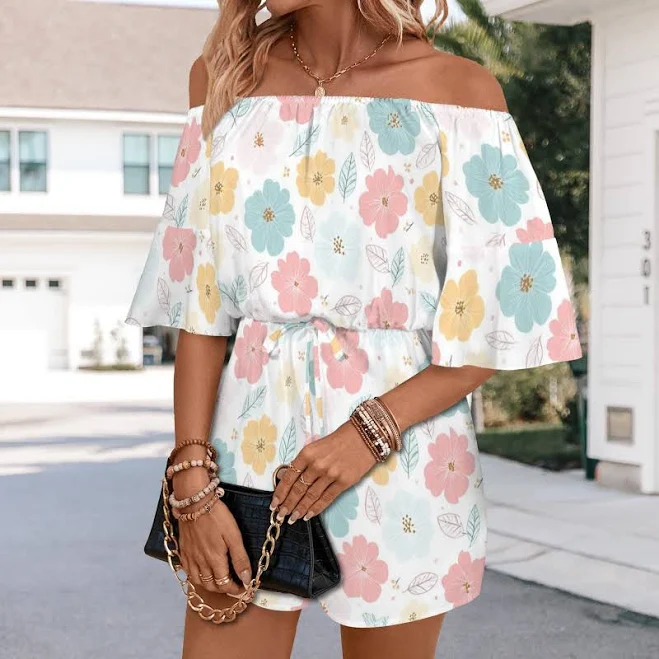 romper Off Shoulder Pastel Floral Romper with Pockets Etsy - Seller $35.99