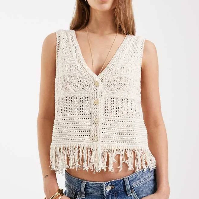 vest ONLY Crochet Knit Vest with Fringe Trim ASOS $43.5