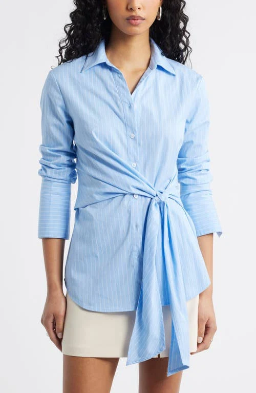 top Open Edit Pinstripe Button-Up Tie Waist Poplin Top Nordstrom $69.5