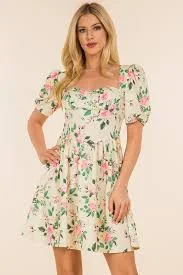 dress Pastel Yellow and Pink Floral Puff Sleeve Square Neck Dress Pink House Boutique $55