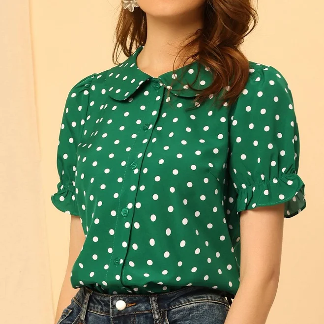 polka dots outfits Polka Dot Short Puff Sleeve Button Up Blouse Allegra K $39.99