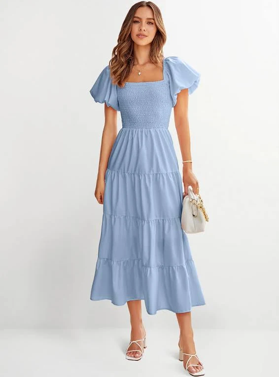 dress Prettygarden Women's Puffy Short Sleeve Square Neck Smocked Tiered Ruffle Dress PrettyGarden $49.99