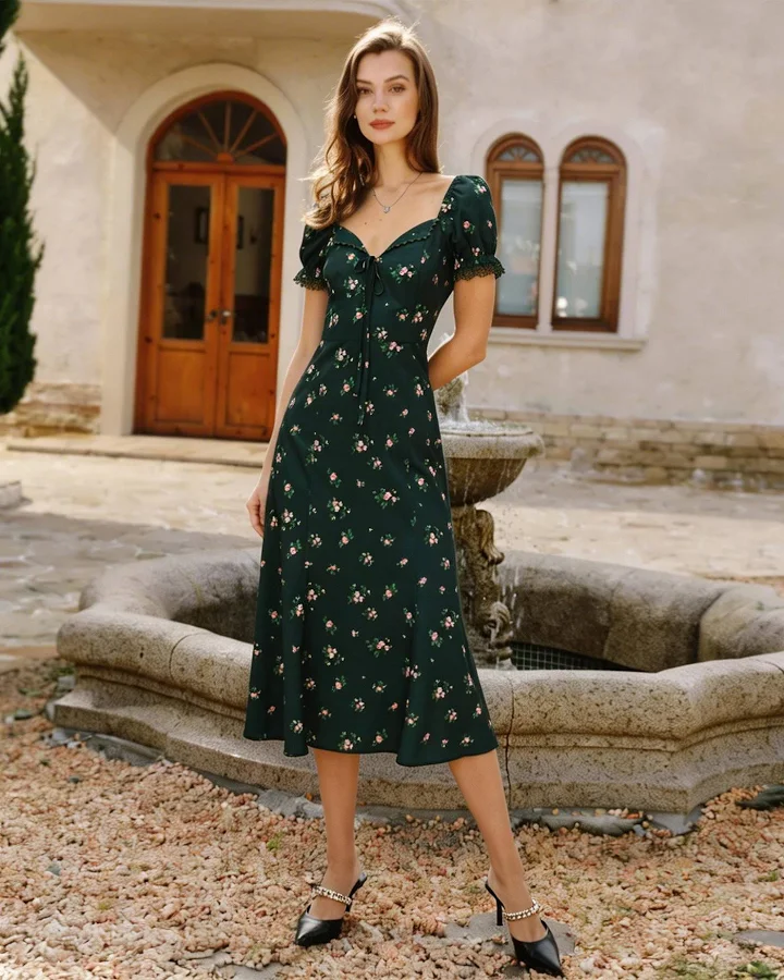 dress Rihoas Floral Sweetheart Puff Sleeve A-Line Flowy Midi Dress Rihoas $47