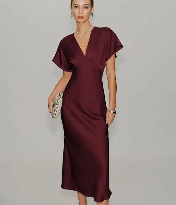 dress Rihoas Satin V-Neck Flutter Sleeve Midi Dress Rihoas $39