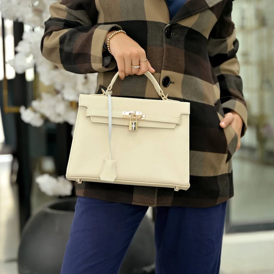 bag Saffiano Leather Top Handle Bag for Women | Aura Lock Satchel by Jild Ivory white Jild $154.99