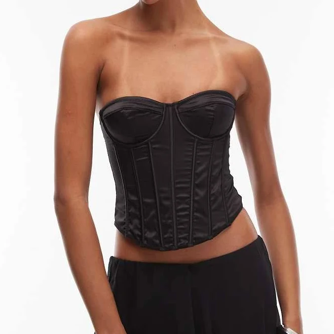 top Satin Detail Corset Top With Boning In Black ModeSens $40