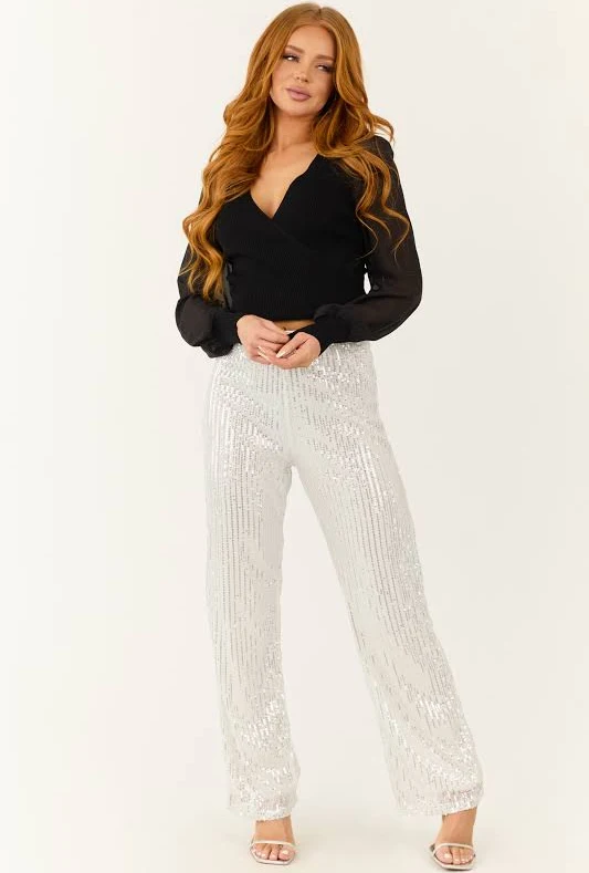 pants Sequined High Waist Wide Leg Pants Lime Lush $44.95