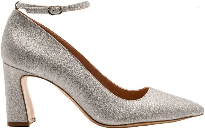 shoes Shimmer Block Heel Pump with Silver Ankle Strap ALLY Shoes $355