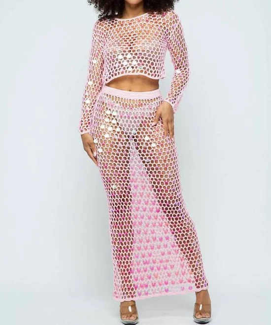 matching set Shine Bright Fishnet Crochet Top And Skirt Set In Pink ShopSimon $49.4