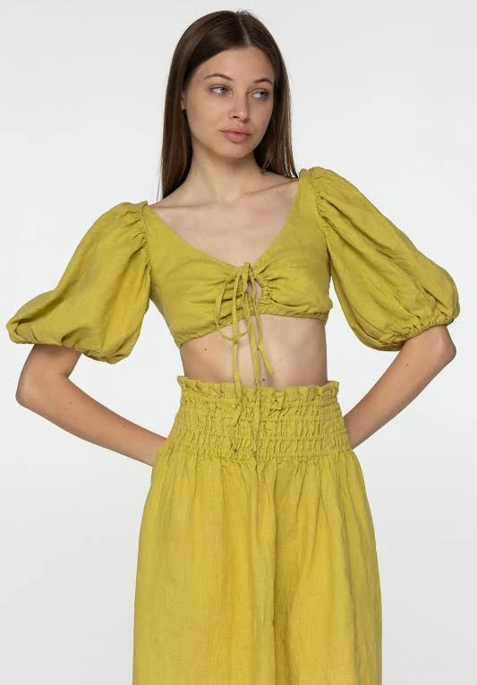matching set Starlight Citron Linen Wrap Crop Top and Maxi Skirt Set True Things $79.8