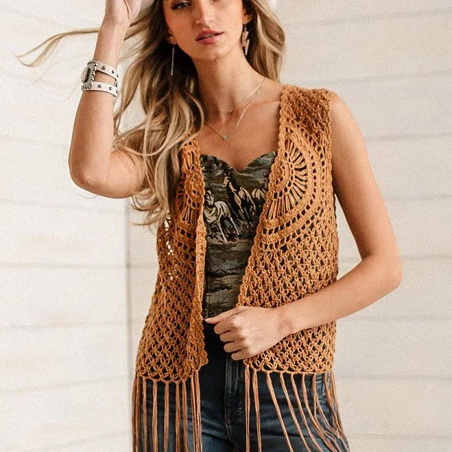 vest Sterling & Stitch Women's Acrylic Crochet Fringe Sweater Vest Buckle $42.74