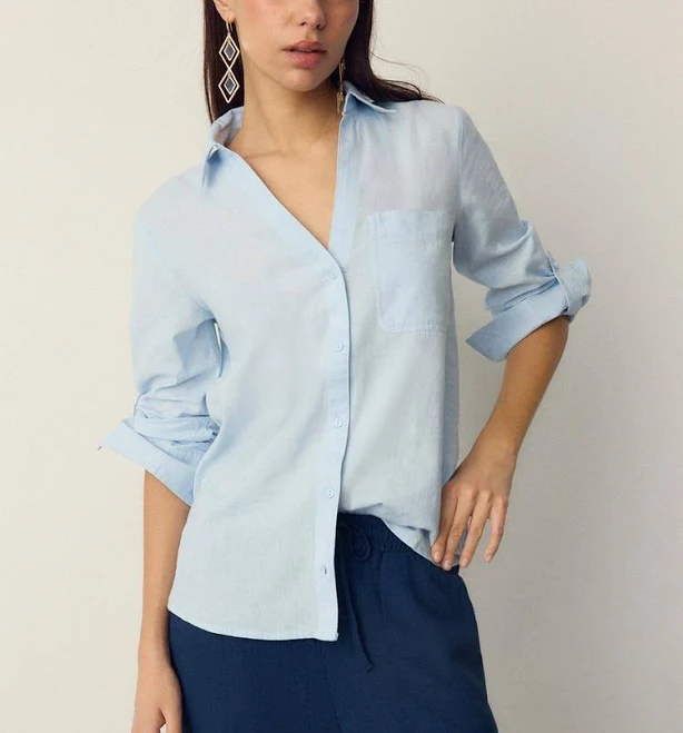 top Stradivarius Flowing Linen-Look Shirt with Pocket Stradivarius $39.9