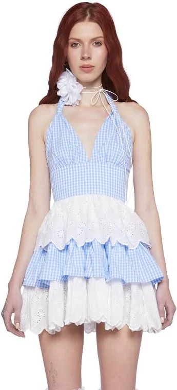 sundress Sugar Thrillz Call Me Yours Babydoll Dress - Blue Gingham - BLUE / X-LARGE Dolls Kill $21.98