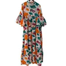 dress SunBunch Floral Cotton Tiered Maxi Dress Orange Teal Boho Bell Sleeve V-Neck eBay $71.2