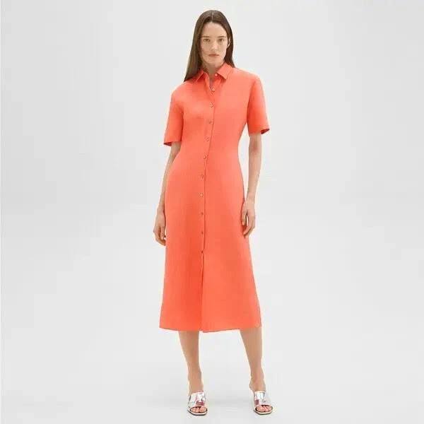 dress Theory Bright Coral Orange Button-front Linen Midi Shirtdress Size 8 eBay - fashionpolicexoxo $125.1