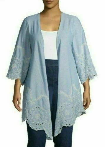 kimono Time & Tru Womens L/xl Embroidered Eyelet Kimono Chambray & Cream eBay - mak17553 $24.44