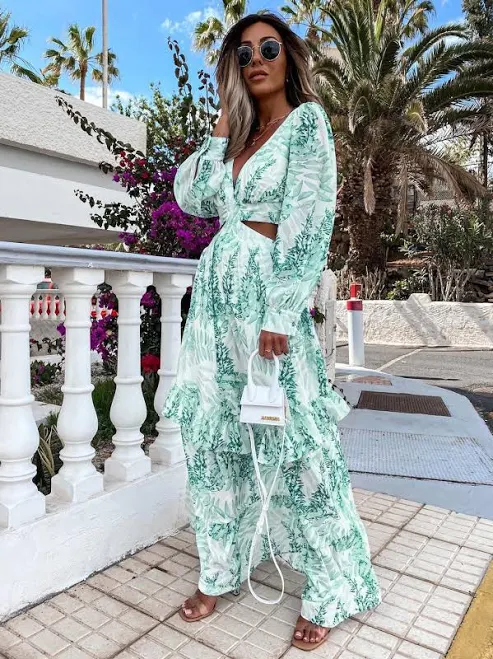 dress Tropical Lantern Sleeve Cutout Leaf Print Maxi Dress milanoo $23.99