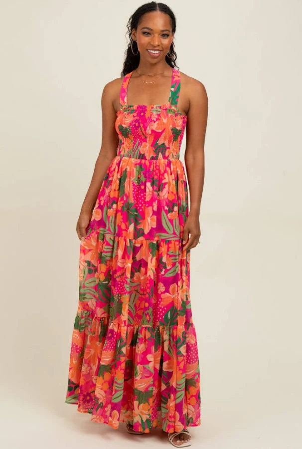 dress Tropical Print Smocked Crisscross Open Back Maxi Dress PinkBlush Maternity $36