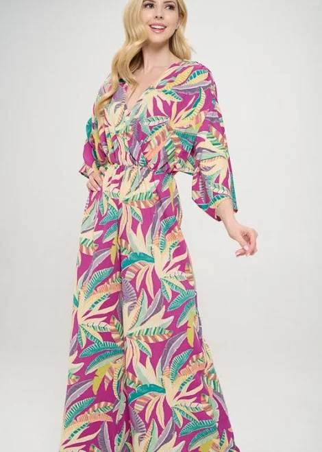 jumpsuit Tropical Print V-Neck 3/4 Sleeve Wide Leg Jumpsuit Renee Collection $246