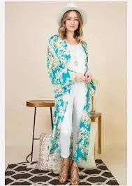 outerwear Turquoise Blue Floral Paisley Slit Chiffon Duster Cardigan Long Kimono Size S eBay $18.99