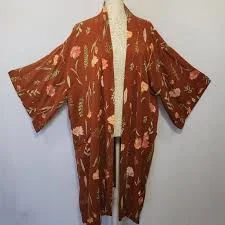 kimono Uncommon Goods Women M/L Terracotta Floral Print Open Front 100% Lyocell Kimono eBay $25