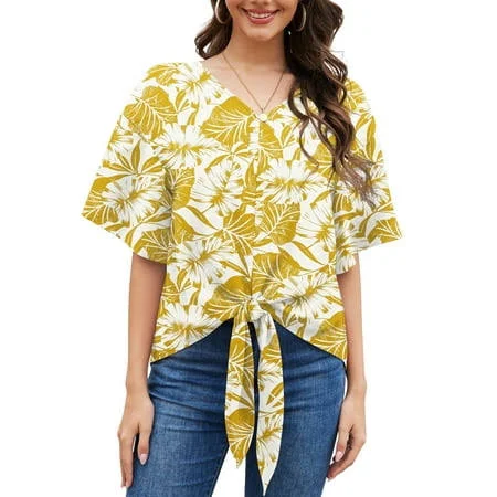 blouses Uvplove Womens Tie Front Blouses V Neck Short Sleeve Chiffon Tops Dressy Casual Summer Shirts,F Walmart - Uvplove $10.09